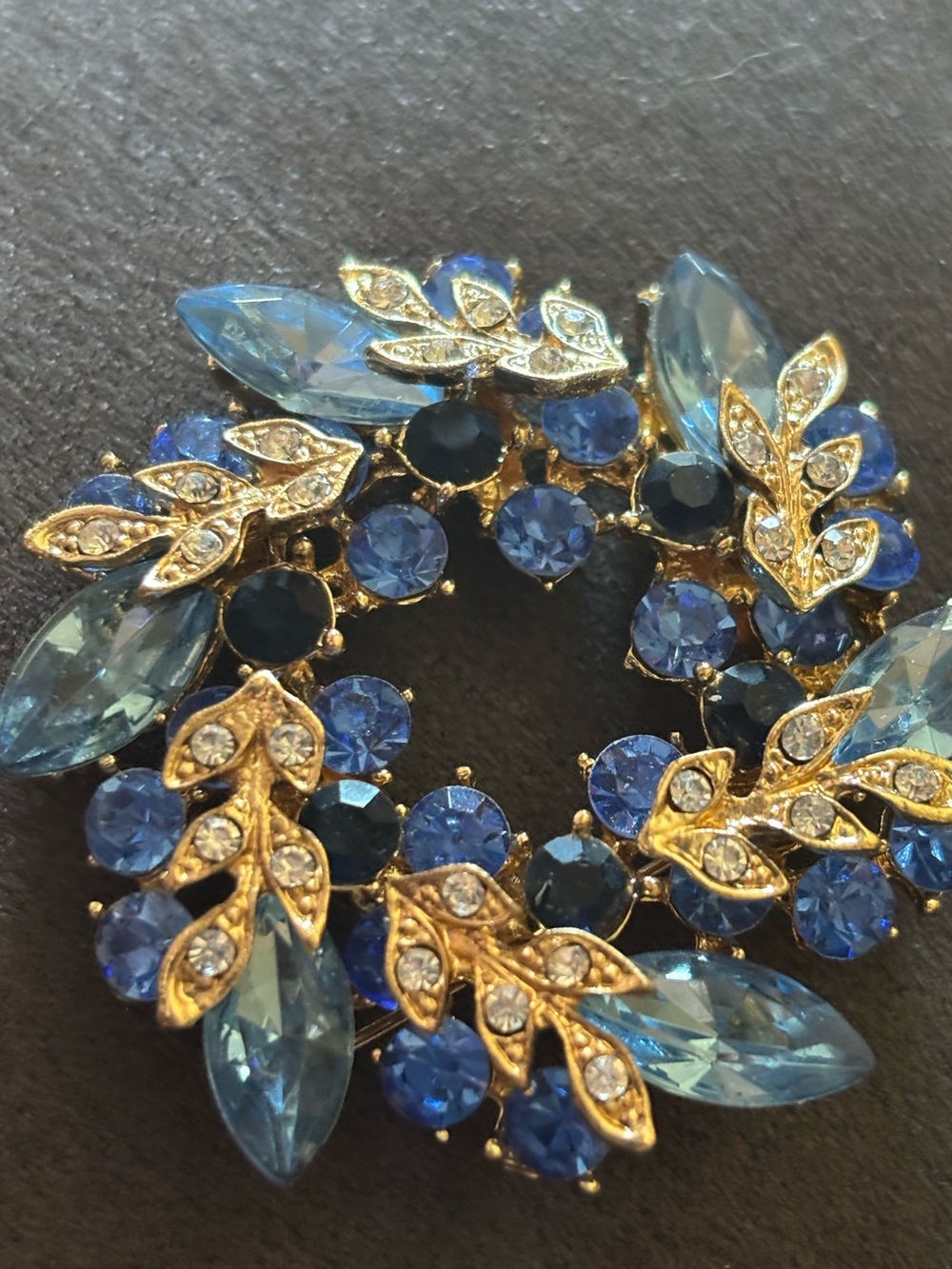 Gold-Tone Blue Crystal Floral Wreath Brooch - Elegant Women’s Jewelry